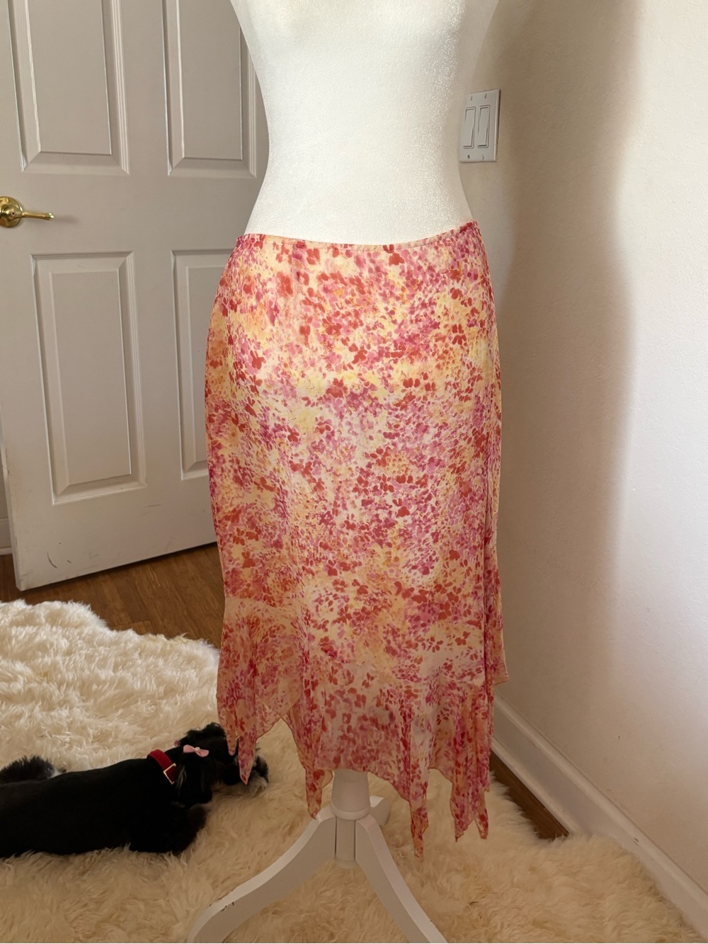 Bloomingdale's Pink and Yellow Floral Asymmetrical Midi Skirt